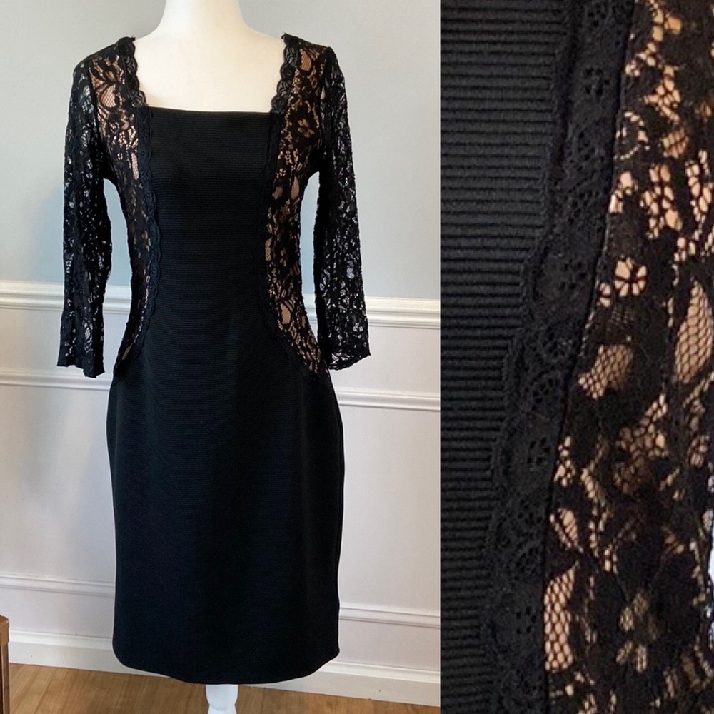 NWT Long Tall Sally Black Lace Bodycon Midi Dress LBD Elegant 3/4 Sleeve Sz 10